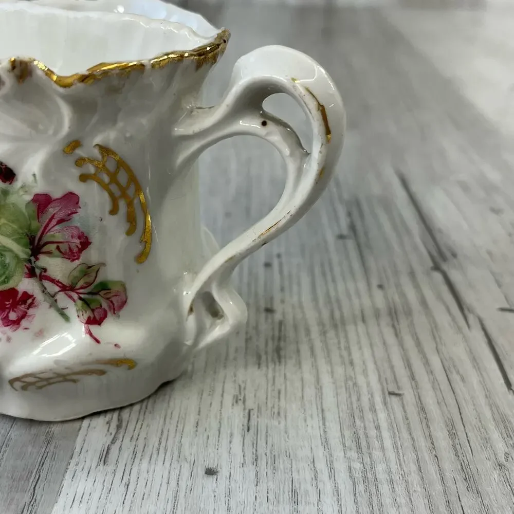 Vintage Victorian White Pink Green Floral Accent Gold Trim Shaving Mug Cup Decor